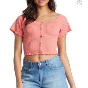 Roxy Fade Away Ribbed Button-Up Crop Top in Shell Pink - Brand New w/o Tags